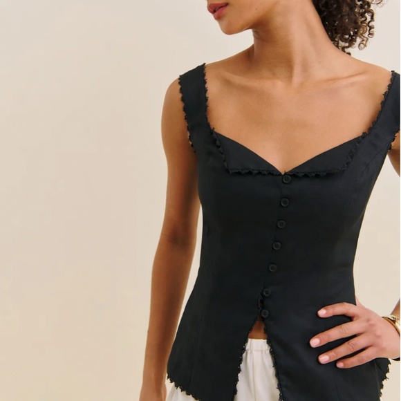 NEW Reformation Viola Linen Top - Black Noir Spring French Causal Lace Detail - Picture 10 of 11
